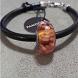 Pandora Orange Blossoms Glass Bead Leather Cord Bracelet!